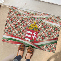 Hungary Christmas Rubber Doormat with Red Green Plaid Pattern Crown and Double Cross Motif - Wonder Print Shop