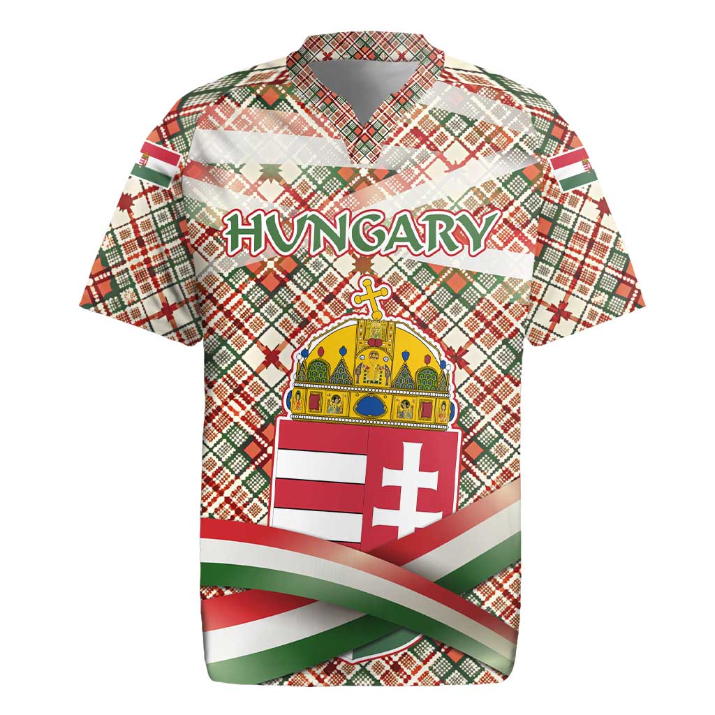 Hungary Christmas Rugby Jersey with Red Green Plaid Pattern Crown and Double Cross Motif - Wonder Print Shop
