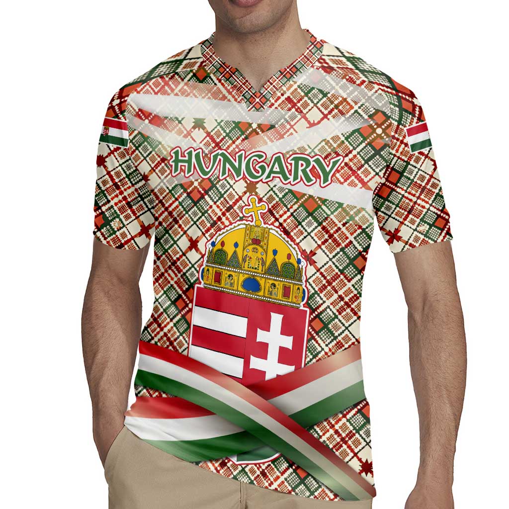Hungary Christmas Rugby Jersey with Red Green Plaid Pattern Crown and Double Cross Motif - Wonder Print Shop