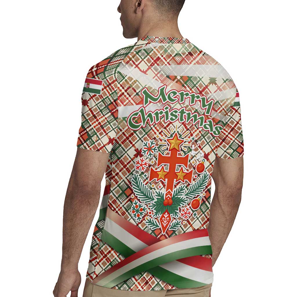 Hungary Christmas Rugby Jersey with Red Green Plaid Pattern Crown and Double Cross Motif - Wonder Print Shop