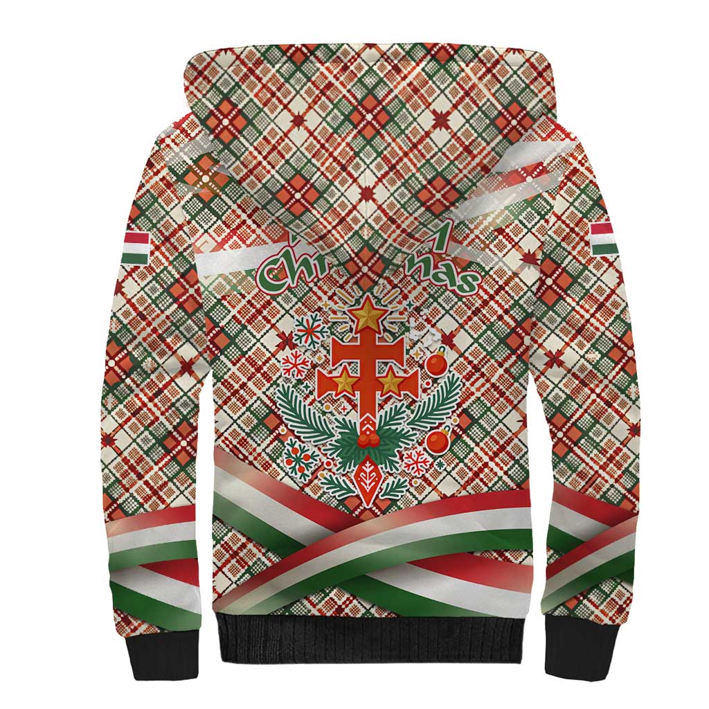 Hungary Christmas Sherpa Hoodie with Red Green Plaid Pattern Crown and Double Cross Motif - Wonder Print Shop