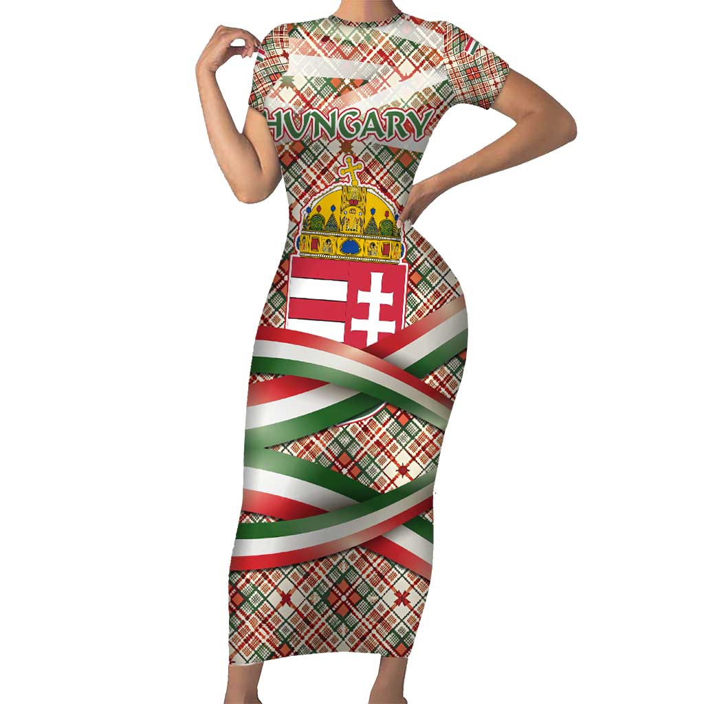 Hungary Christmas Short Sleeve Bodycon Dress with Red Green Plaid Pattern Crown and Double Cross Motif - Wonder Print Shop