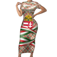 Hungary Christmas Short Sleeve Bodycon Dress with Red Green Plaid Pattern Crown and Double Cross Motif - Wonder Print Shop