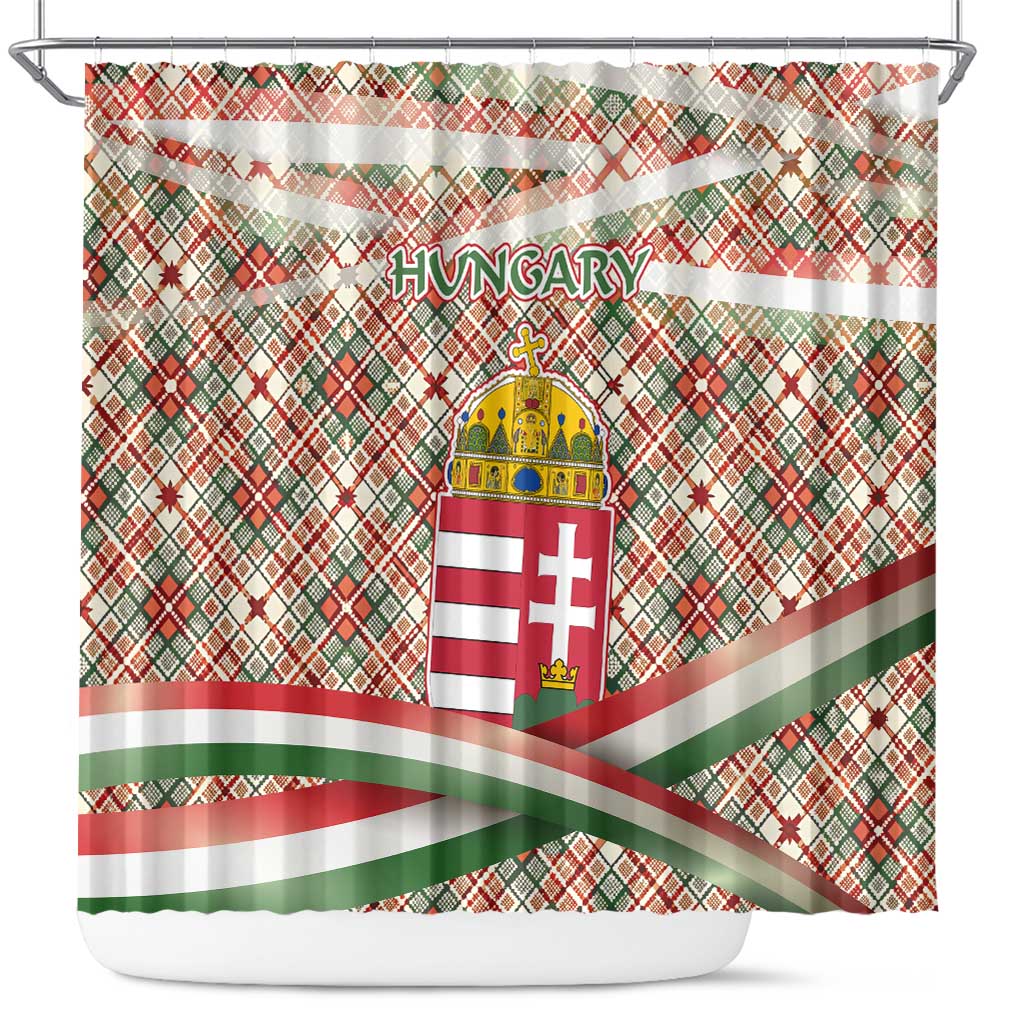Hungary Christmas Shower Curtain with Red Green Plaid Pattern Crown and Double Cross Motif - Wonder Print Shop