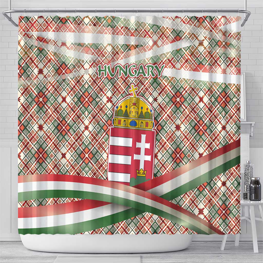 Hungary Christmas Shower Curtain with Red Green Plaid Pattern Crown and Double Cross Motif - Wonder Print Shop