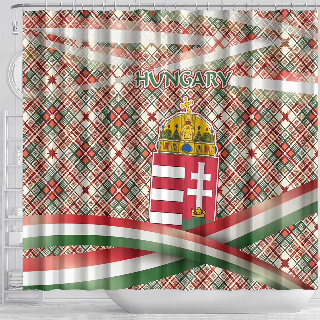 Hungary Christmas Shower Curtain with Red Green Plaid Pattern Crown and Double Cross Motif - Wonder Print Shop