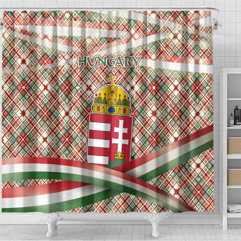Hungary Christmas Shower Curtain with Red Green Plaid Pattern Crown and Double Cross Motif - Wonder Print Shop