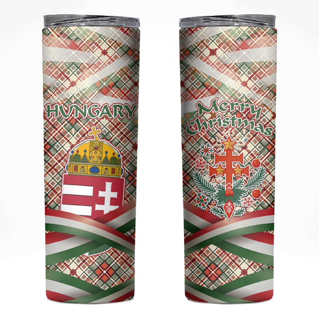 Hungary Christmas Skinny Tumbler with Red Green Plaid Pattern Crown and Double Cross Motif - Wonder Print Shop