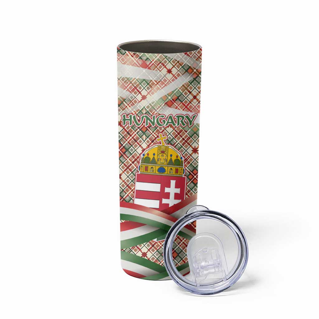 Hungary Christmas Skinny Tumbler with Red Green Plaid Pattern Crown and Double Cross Motif - Wonder Print Shop