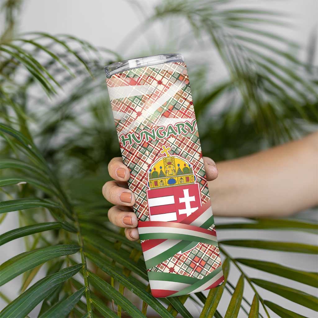 Hungary Christmas Skinny Tumbler with Red Green Plaid Pattern Crown and Double Cross Motif - Wonder Print Shop