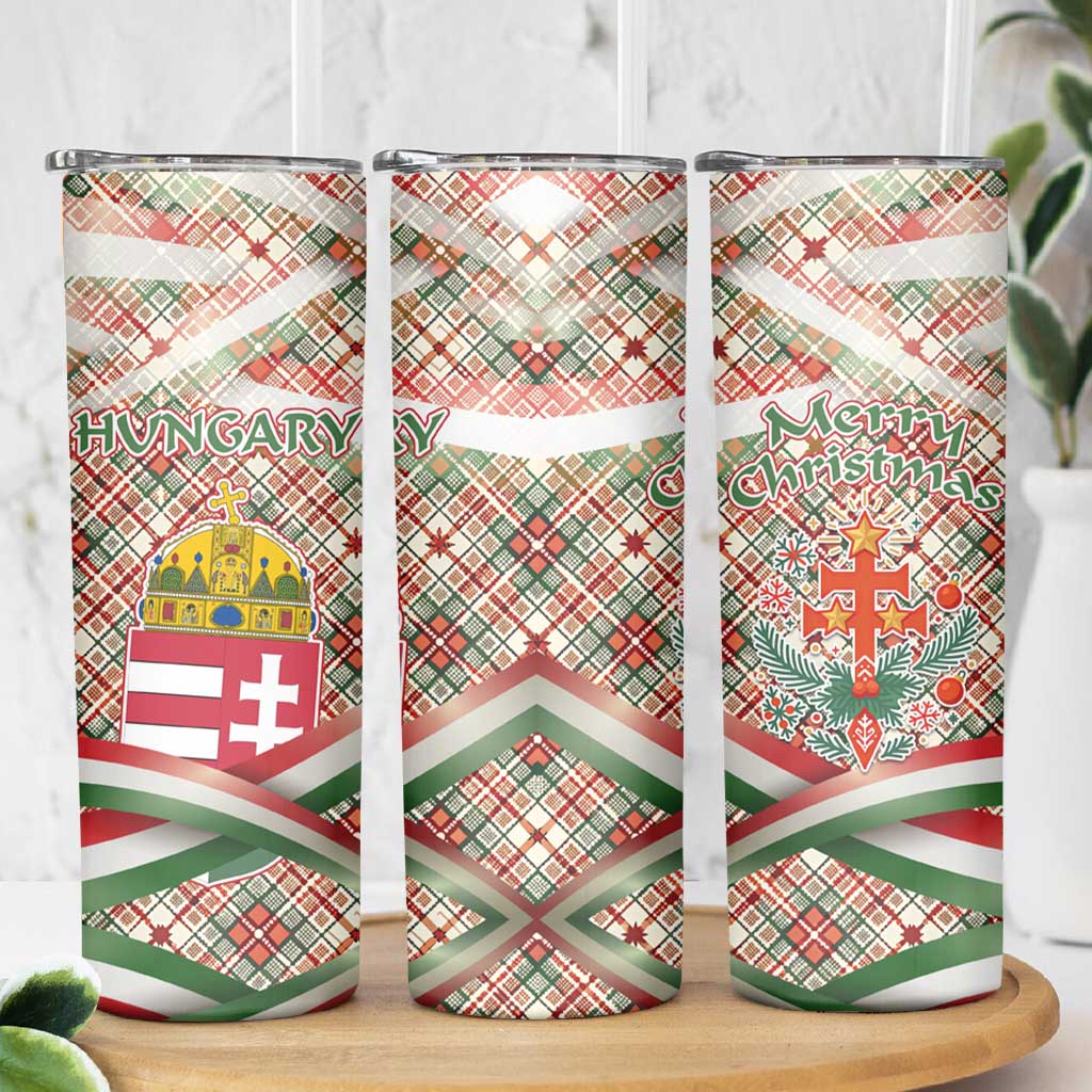 Hungary Christmas Skinny Tumbler with Red Green Plaid Pattern Crown and Double Cross Motif - Wonder Print Shop