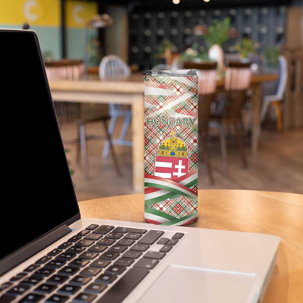 Hungary Christmas Skinny Tumbler with Red Green Plaid Pattern Crown and Double Cross Motif - Wonder Print Shop