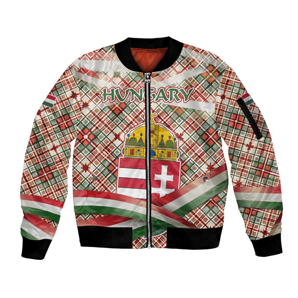 Hungary Christmas Sleeve Zip Bomber Jacket with Red Green Plaid Pattern Crown and Double Cross Motif - Wonder Print Shop