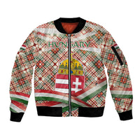 Hungary Christmas Sleeve Zip Bomber Jacket with Red Green Plaid Pattern Crown and Double Cross Motif - Wonder Print Shop