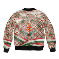 Hungary Christmas Sleeve Zip Bomber Jacket with Red Green Plaid Pattern Crown and Double Cross Motif - Wonder Print Shop
