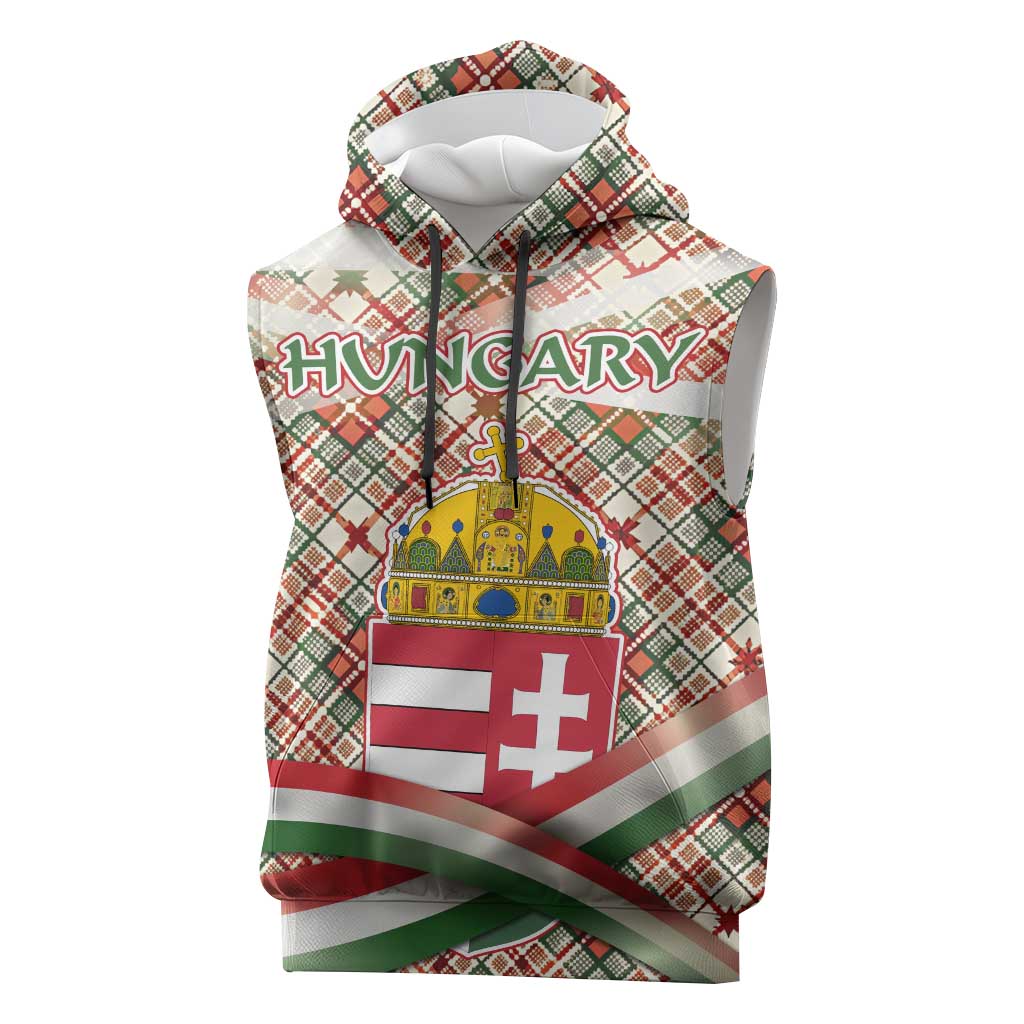 Hungary Christmas Sleeveless Hoodie with Red Green Plaid Pattern Crown and Double Cross Motif - Wonder Print Shop