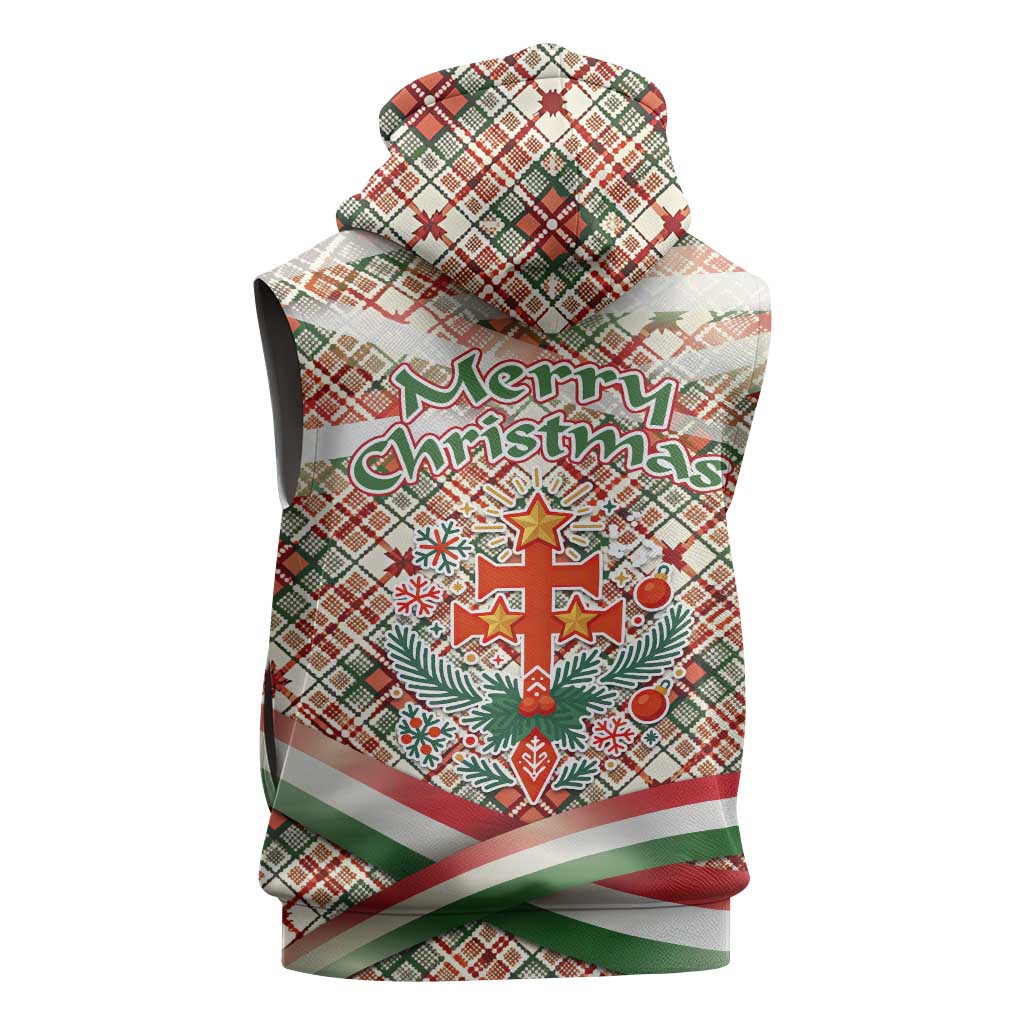 Hungary Christmas Sleeveless Hoodie with Red Green Plaid Pattern Crown and Double Cross Motif - Wonder Print Shop