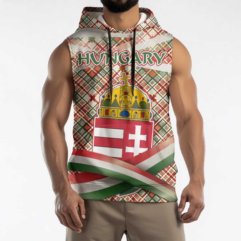 Hungary Christmas Sleeveless Hoodie with Red Green Plaid Pattern Crown and Double Cross Motif - Wonder Print Shop