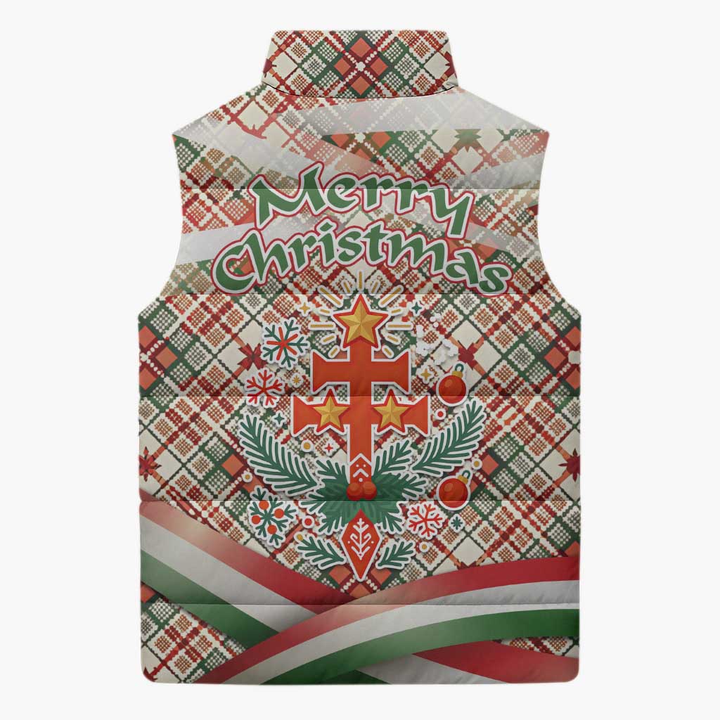 Hungary Christmas Sleeveless Puffer Jacket with Red Green Plaid Pattern Crown and Double Cross Motif - Wonder Print Shop