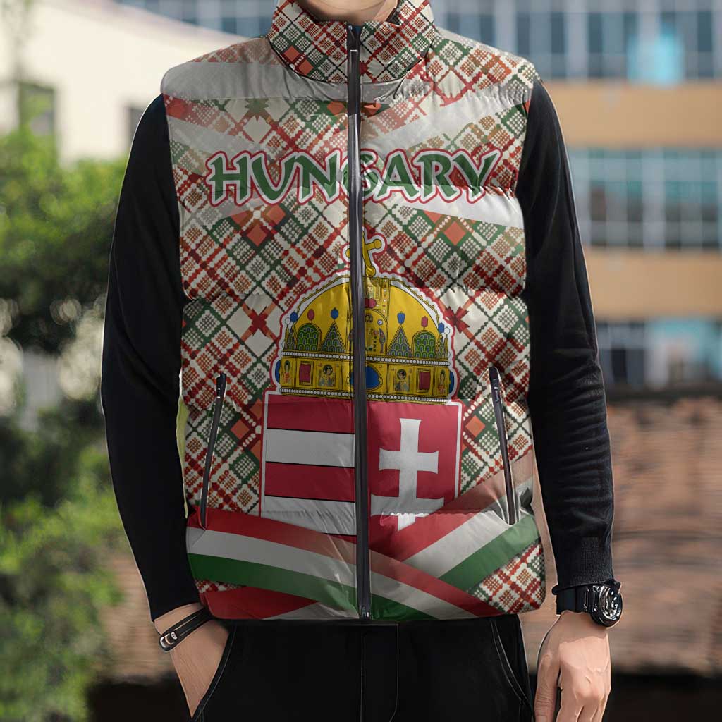 Hungary Christmas Sleeveless Puffer Jacket with Red Green Plaid Pattern Crown and Double Cross Motif - Wonder Print Shop