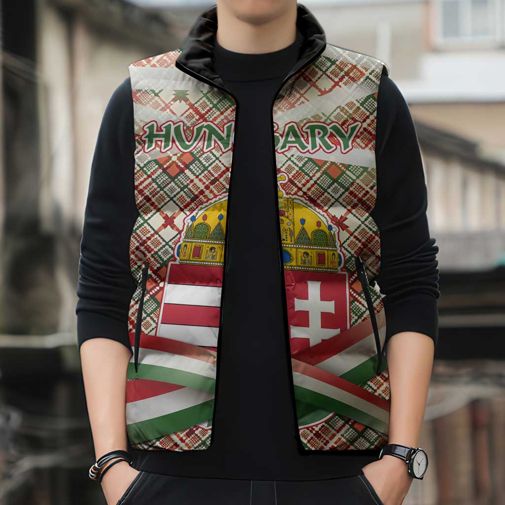 Hungary Christmas Sleeveless Puffer Jacket with Red Green Plaid Pattern Crown and Double Cross Motif - Wonder Print Shop