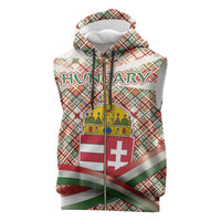 Hungary Christmas Sleeveless Zip Hoodie with Red Green Plaid Pattern Crown and Double Cross Motif - Wonder Print Shop