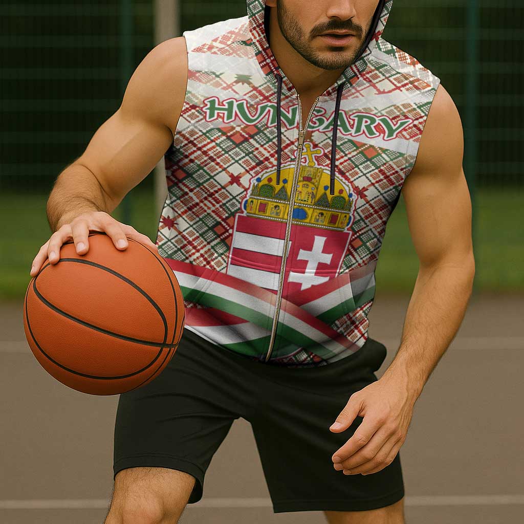 Hungary Christmas Sleeveless Zip Hoodie with Red Green Plaid Pattern Crown and Double Cross Motif - Wonder Print Shop