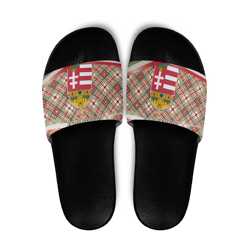 Hungary Christmas Slide Sandals with Red Green Plaid Pattern Crown and Double Cross Motif - Wonder Print Shop