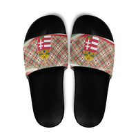 Hungary Christmas Slide Sandals with Red Green Plaid Pattern Crown and Double Cross Motif - Wonder Print Shop