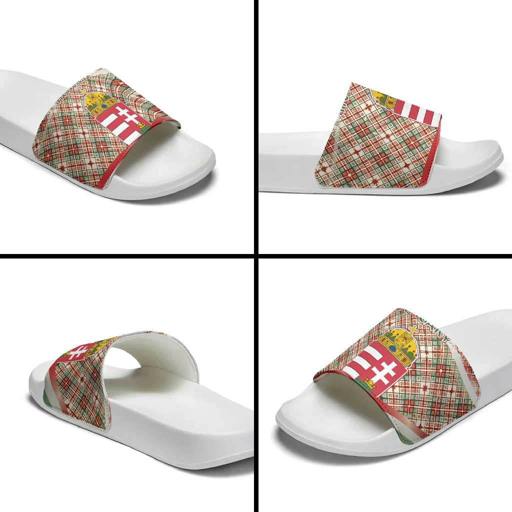 Hungary Christmas Slide Sandals with Red Green Plaid Pattern Crown and Double Cross Motif - Wonder Print Shop