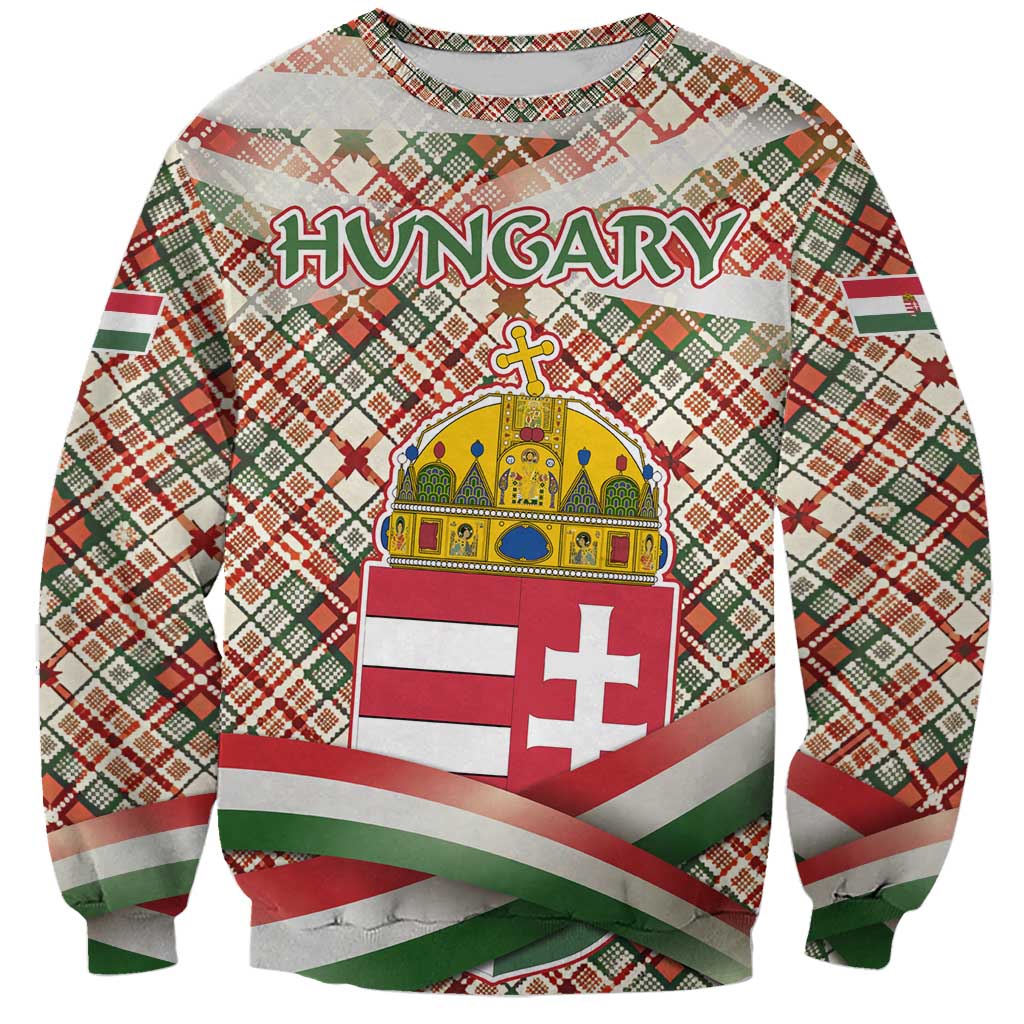 Hungary Christmas Sweatshirt with Red Green Plaid Pattern Crown and Double Cross Motif - Wonder Print Shop