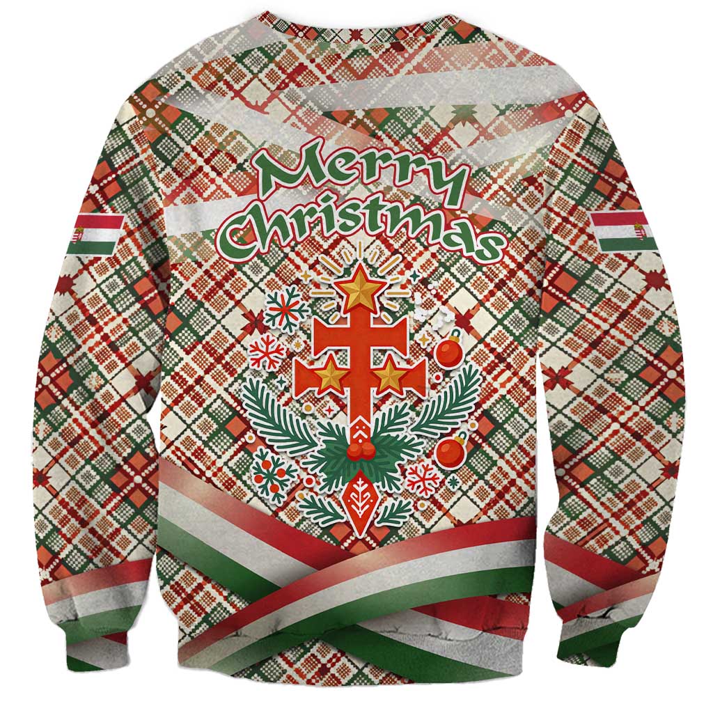 Hungary Christmas Sweatshirt with Red Green Plaid Pattern Crown and Double Cross Motif - Wonder Print Shop