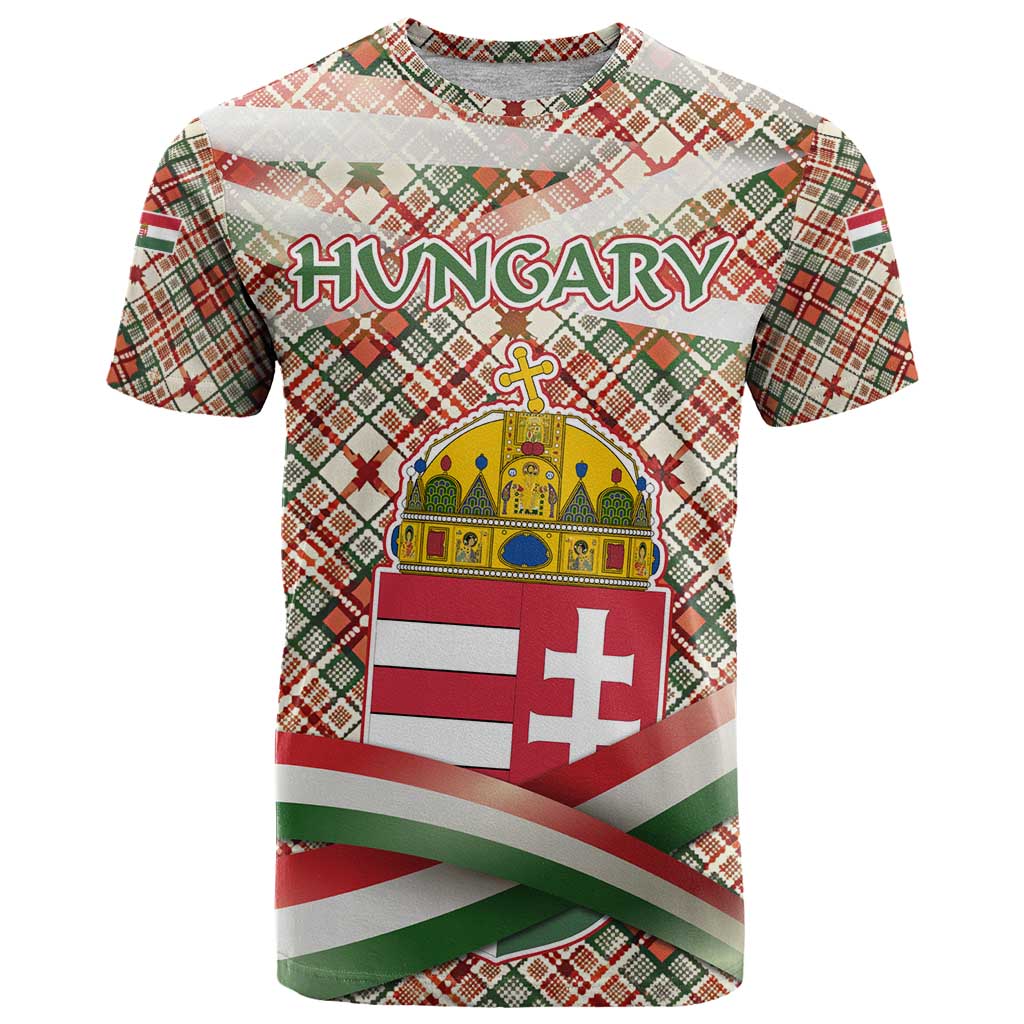 Hungary Christmas T Shirt with Red Green Plaid Pattern Crown and Double Cross Motif - Wonder Print Shop