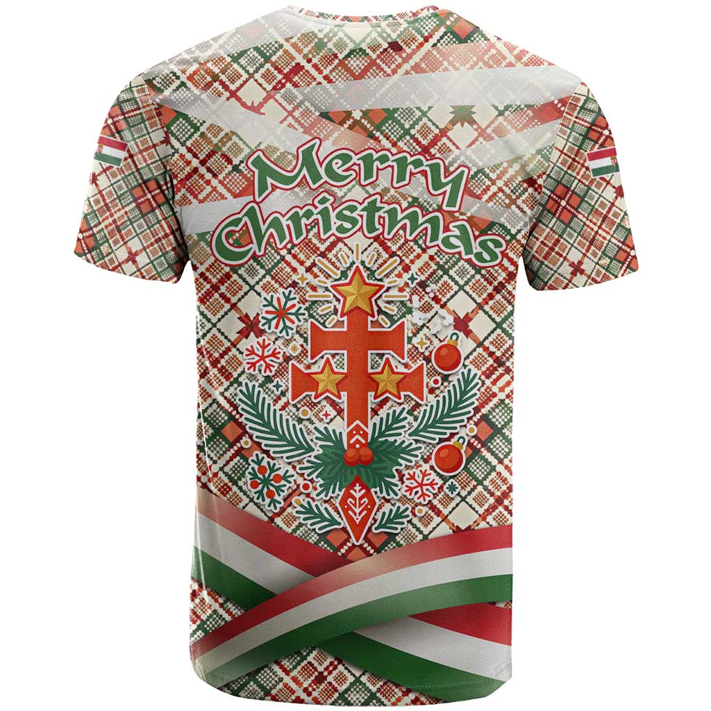 Hungary Christmas T Shirt with Red Green Plaid Pattern Crown and Double Cross Motif - Wonder Print Shop