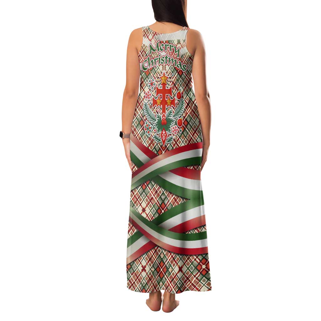 Hungary Christmas Tank Maxi Dress with Red Green Plaid Pattern Crown and Double Cross Motif - Wonder Print Shop