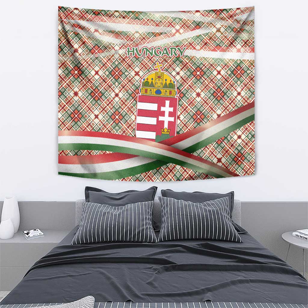 Hungary Christmas Tapestry with Red Green Plaid Pattern Crown and Double Cross Motif - Wonder Print Shop