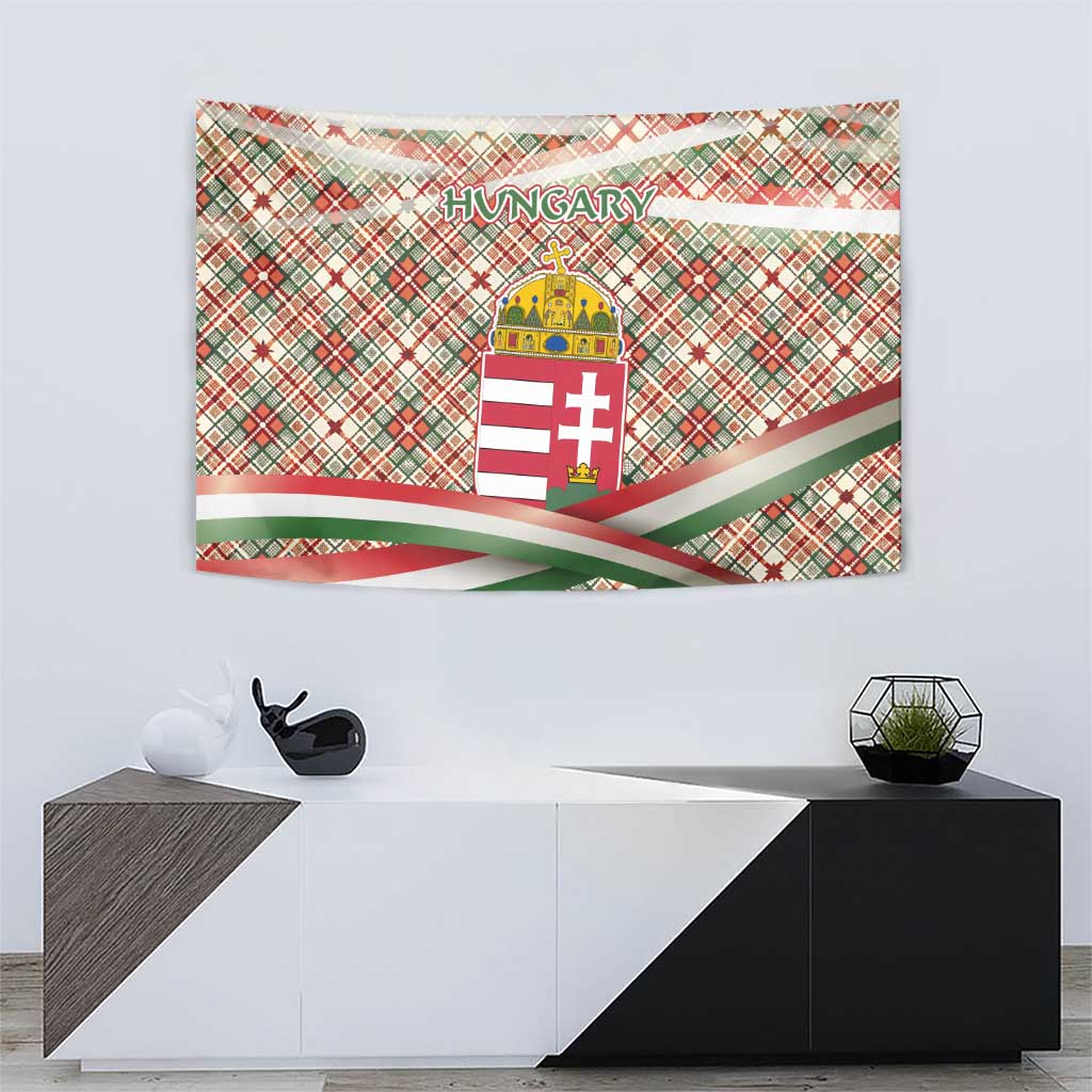 Hungary Christmas Tapestry with Red Green Plaid Pattern Crown and Double Cross Motif - Wonder Print Shop