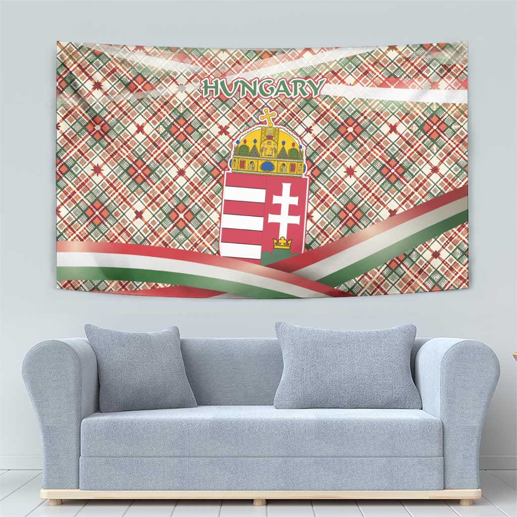 Hungary Christmas Tapestry with Red Green Plaid Pattern Crown and Double Cross Motif - Wonder Print Shop