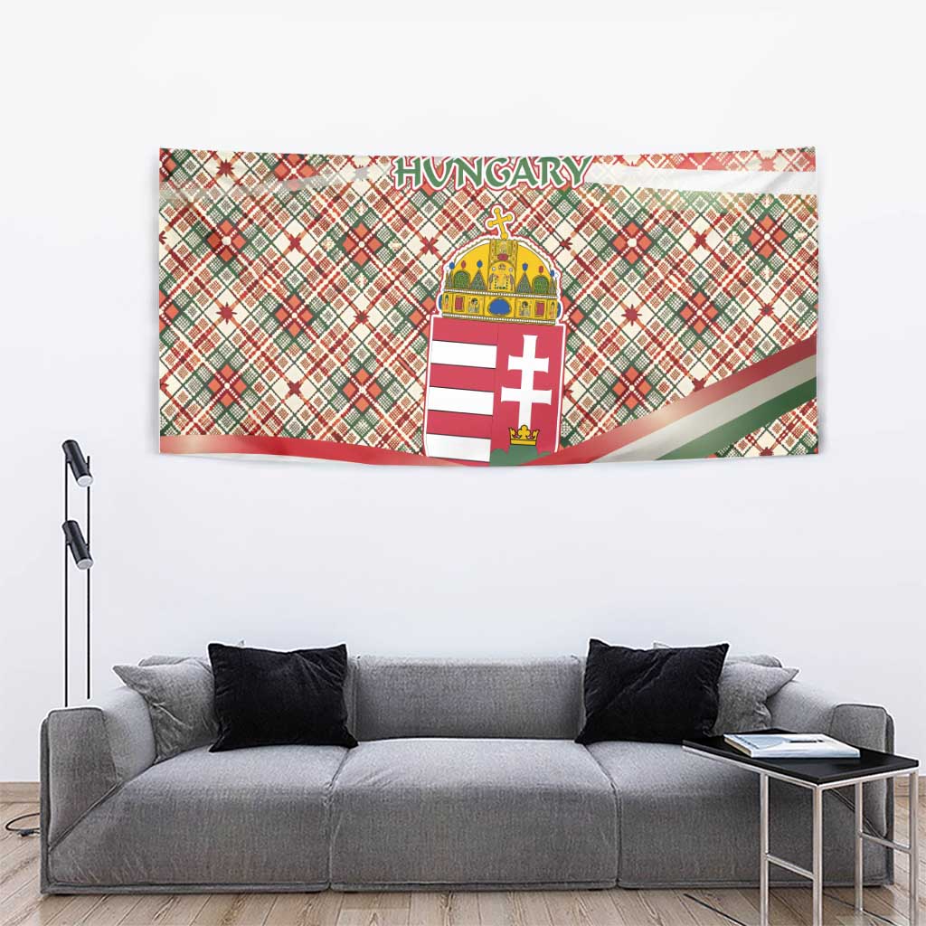 Hungary Christmas Tapestry with Red Green Plaid Pattern Crown and Double Cross Motif - Wonder Print Shop