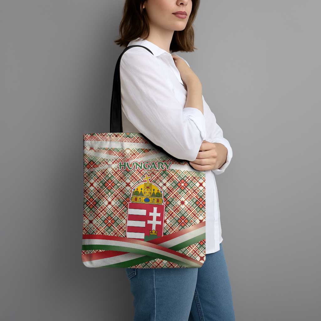 Hungary Christmas Tote Bag with Red Green Plaid Pattern Crown and Double Cross Motif - Wonder Print Shop