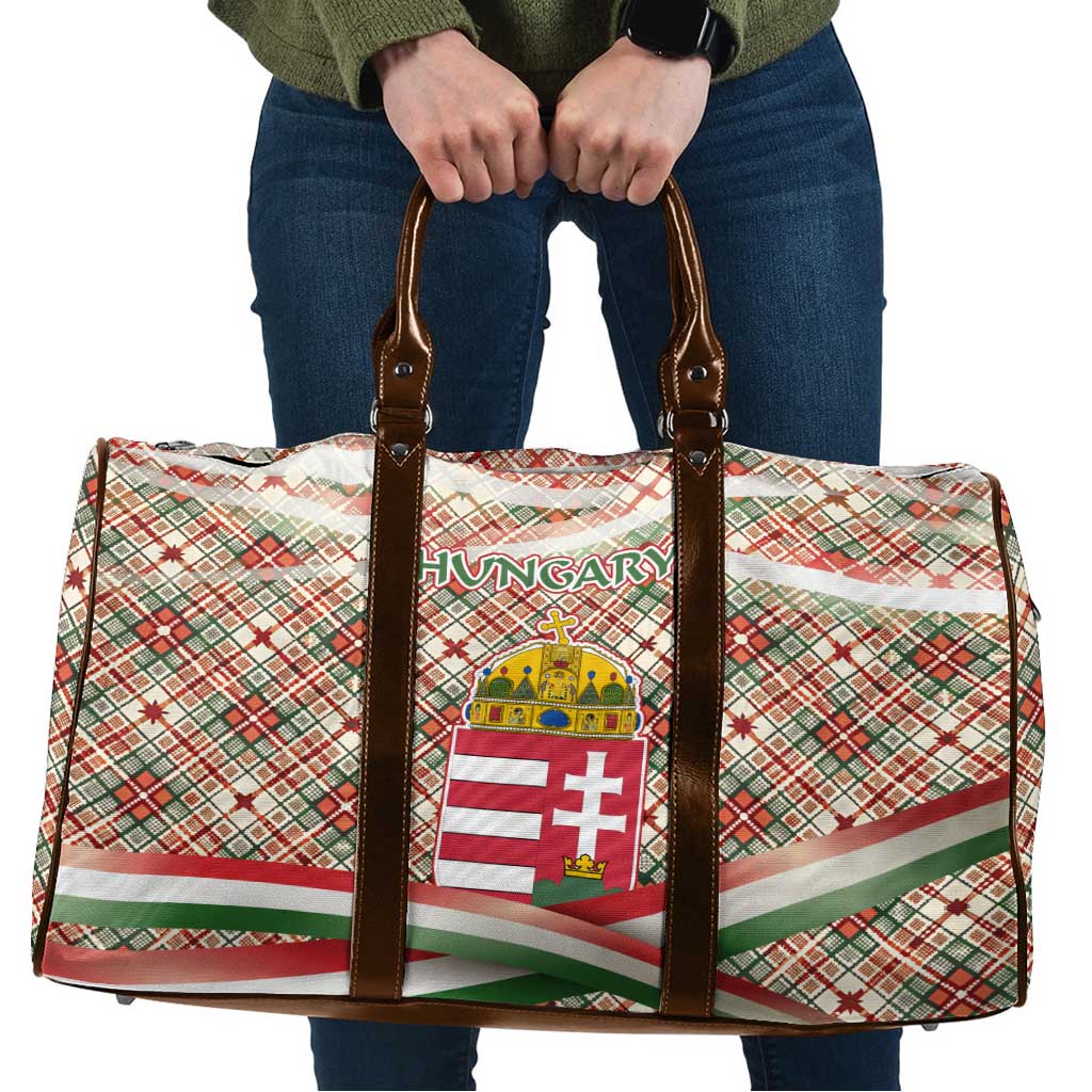Hungary Christmas Travel Bag with Red Green Plaid Pattern Crown and Double Cross Motif - Wonder Print Shop