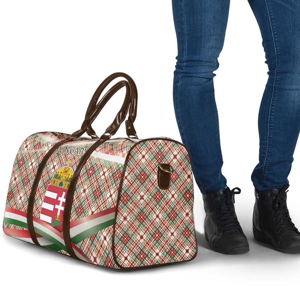 Hungary Christmas Travel Bag with Red Green Plaid Pattern Crown and Double Cross Motif - Wonder Print Shop