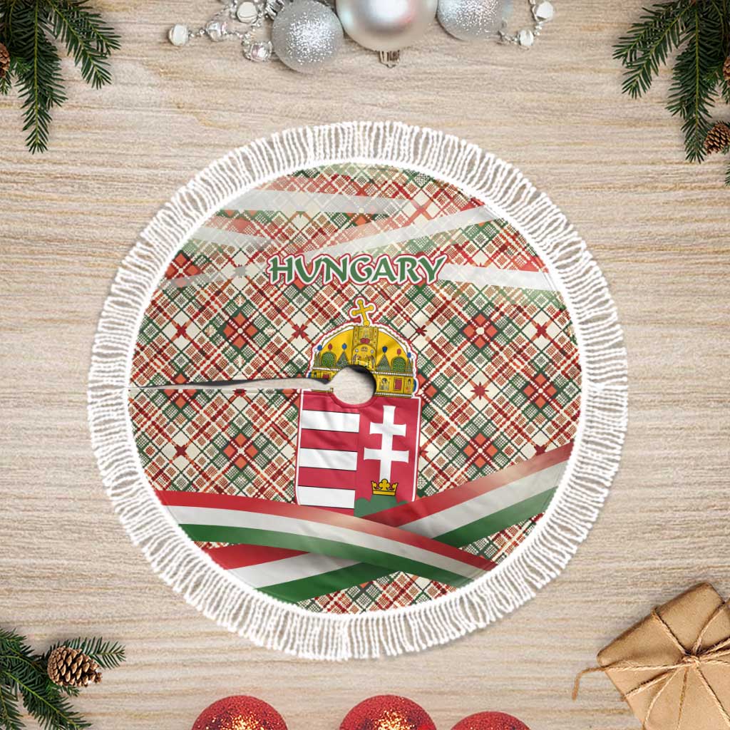 Hungary Christmas Tree Skirt with Red Green Plaid Pattern Crown and Double Cross Motif - Wonder Print Shop