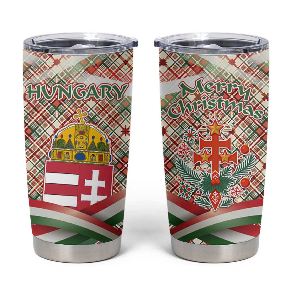Hungary Christmas Tumbler Cup with Red Green Plaid Pattern Crown and Double Cross Motif - Wonder Print Shop