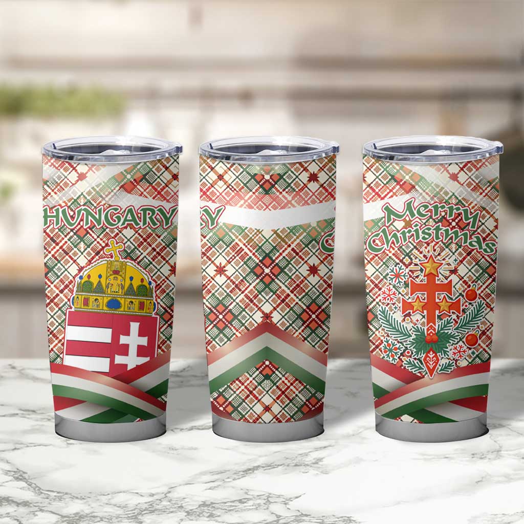 Hungary Christmas Tumbler Cup with Red Green Plaid Pattern Crown and Double Cross Motif - Wonder Print Shop