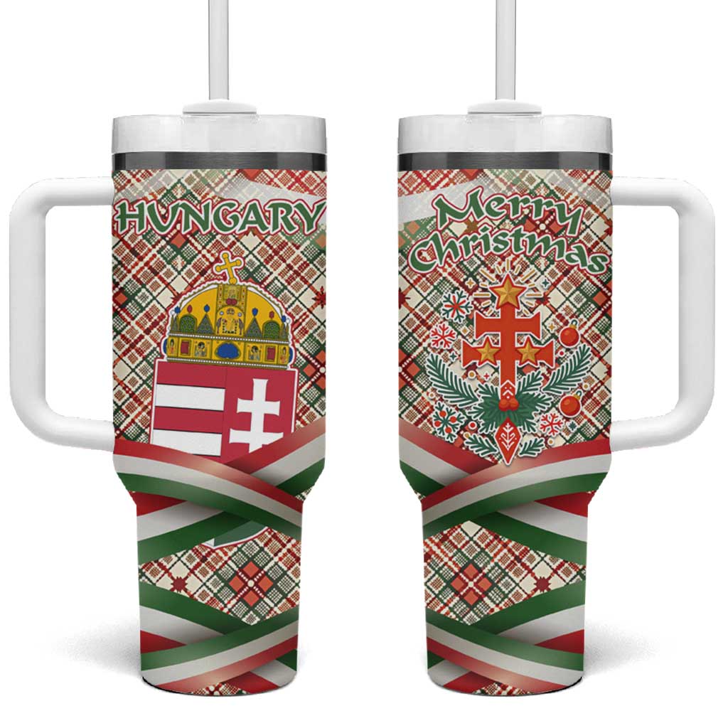 Hungary Christmas Tumbler With Handle with Red Green Plaid Pattern Crown and Double Cross Motif - Wonder Print Shop