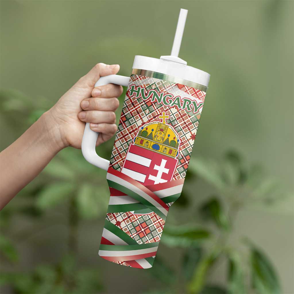 Hungary Christmas Tumbler With Handle with Red Green Plaid Pattern Crown and Double Cross Motif - Wonder Print Shop