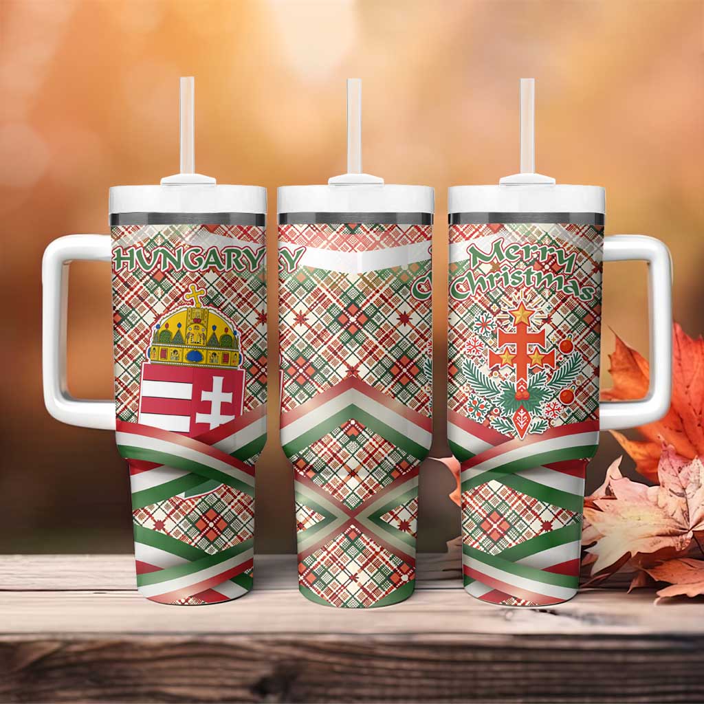Hungary Christmas Tumbler With Handle with Red Green Plaid Pattern Crown and Double Cross Motif - Wonder Print Shop