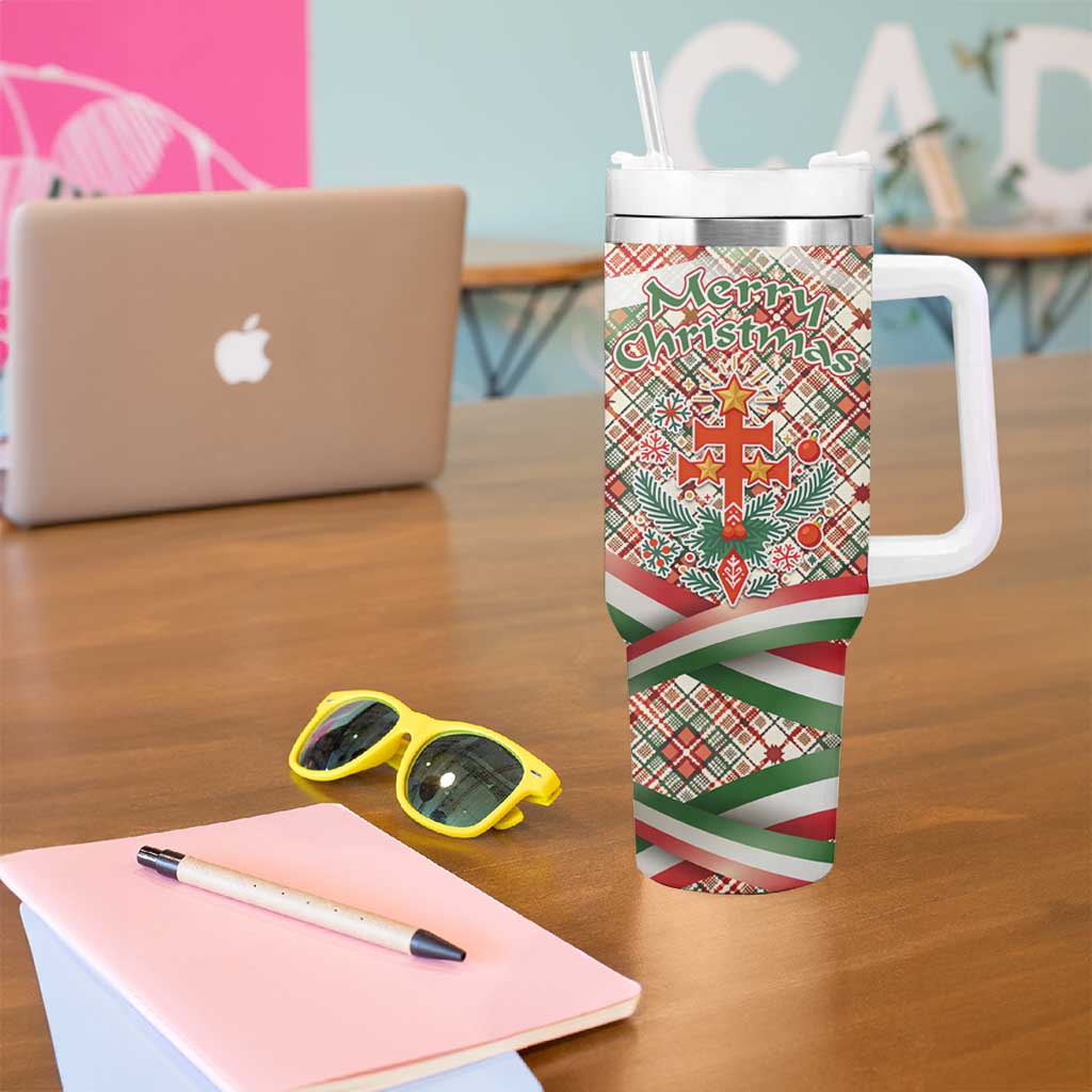 Hungary Christmas Tumbler With Handle with Red Green Plaid Pattern Crown and Double Cross Motif - Wonder Print Shop