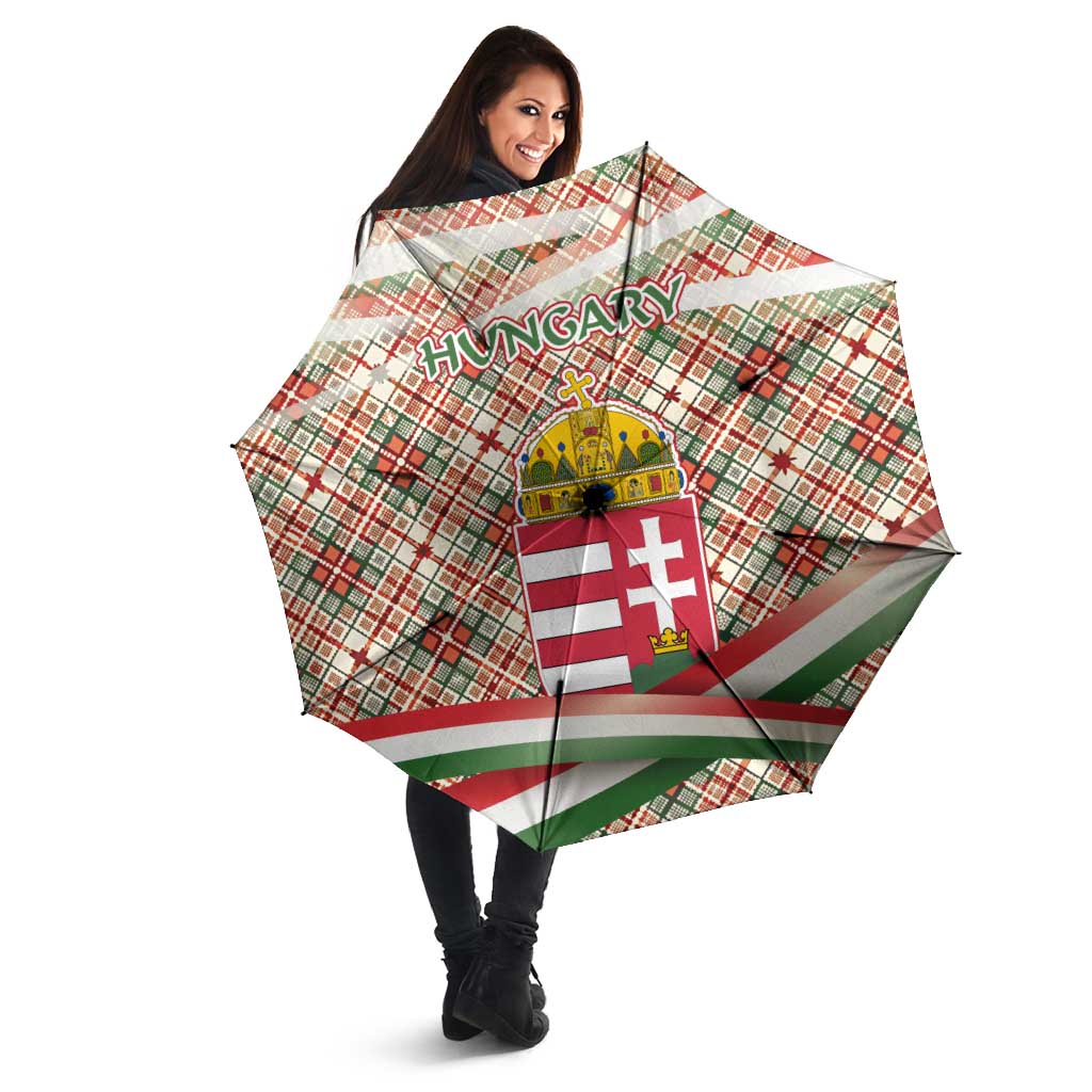 Hungary Christmas Umbrella with Red Green Plaid Pattern Crown and Double Cross Motif - Wonder Print Shop